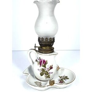 Miniature Oil Lamp Floral Porcelain Base Brass Burner Milk Glass Chimney
